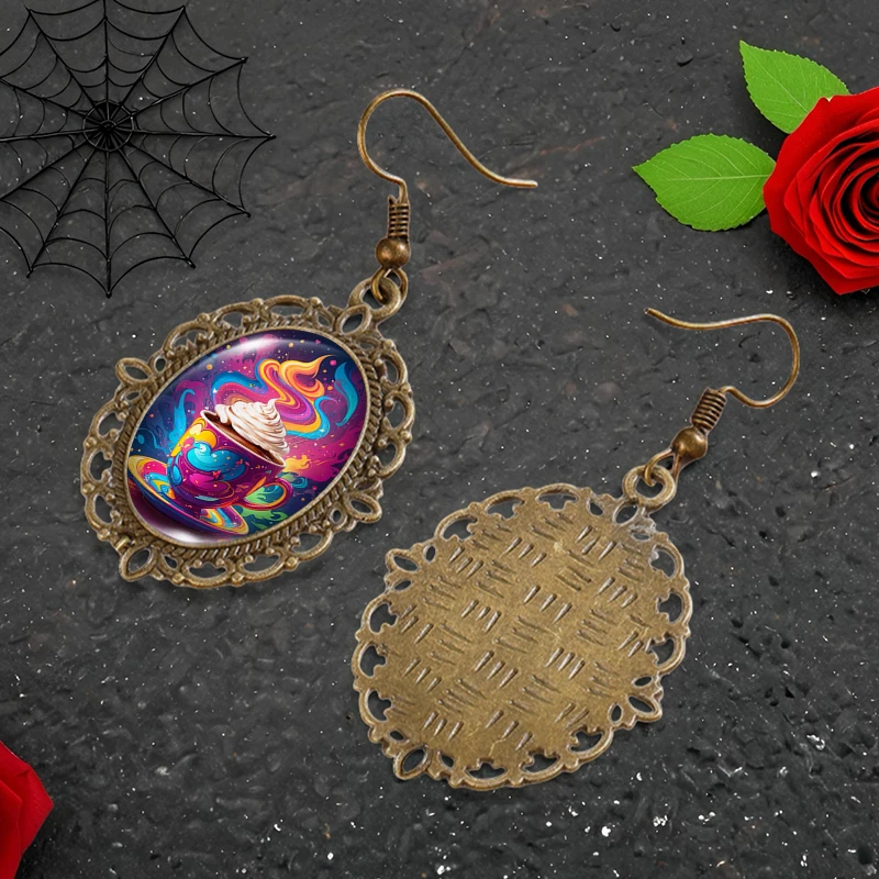 Colorful latte coffee painted Picture Oval Glass Cabochon Flower Shaped Fish Hook Earrings Handmade Gifts