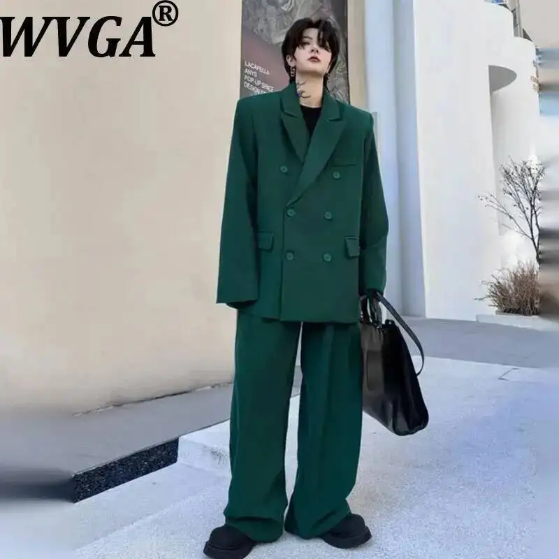

WVGA Spring Autumn New Man Double-Breasted Fashionable Padded Shoulder Blazer Niche Chic Straight Suit Pant Two-Piece Set W22776