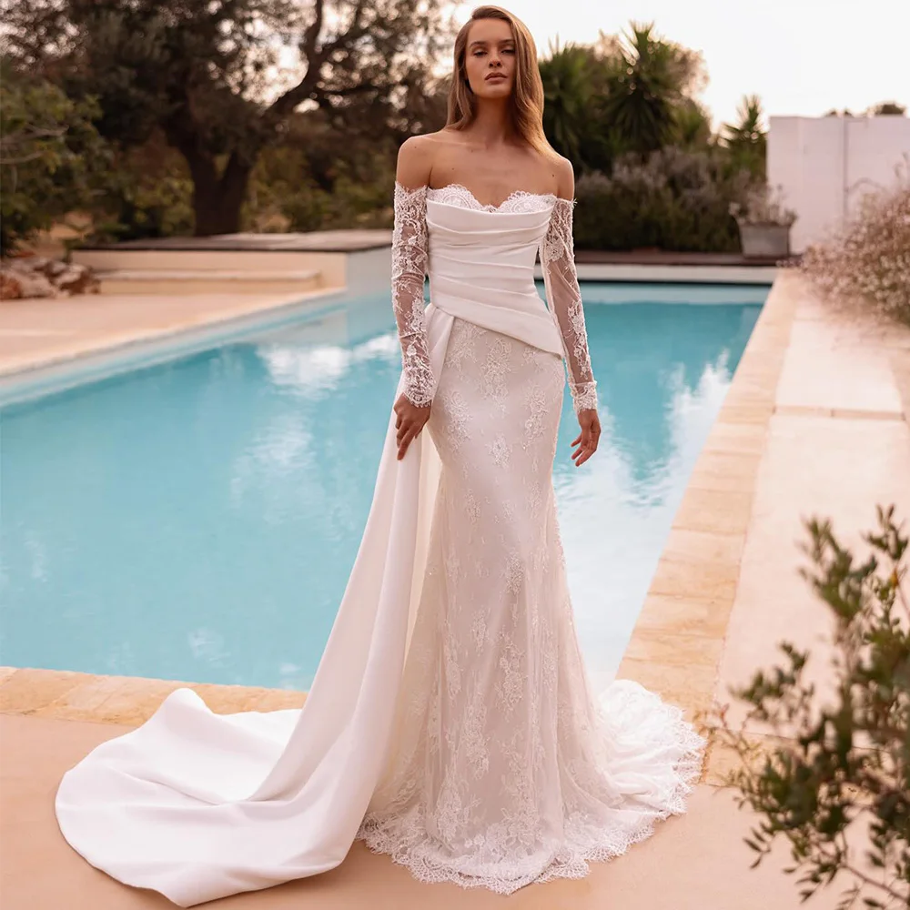 High Quality Customized Appliques Lace Vestido De Novia Dreamy Mermaid Long Sleeves Wedding Dress Elegant Satin Bridal Gowns