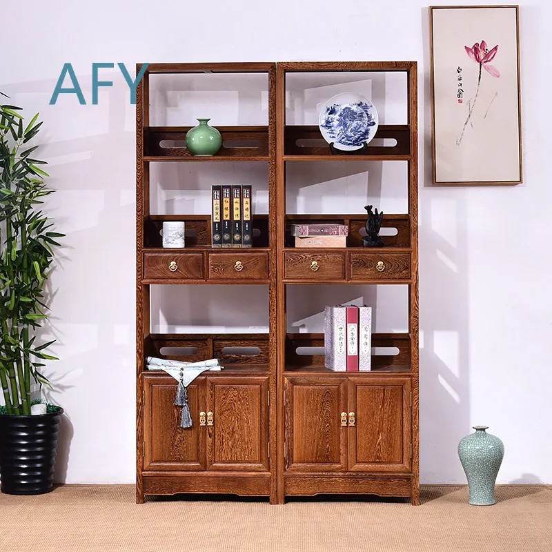 Solid Wood Bookshelf for Chinese Style Antique Chicken Wing Wood Floor Standing Bookcase Display Shelf Newspaper Rack for
