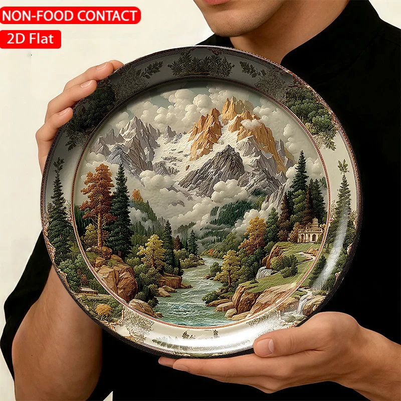 1pc Ceramic Decorative Plate, Mountain River Landscape Art Decorations, Wall Home Decor- for Decorative Purposes Solely,