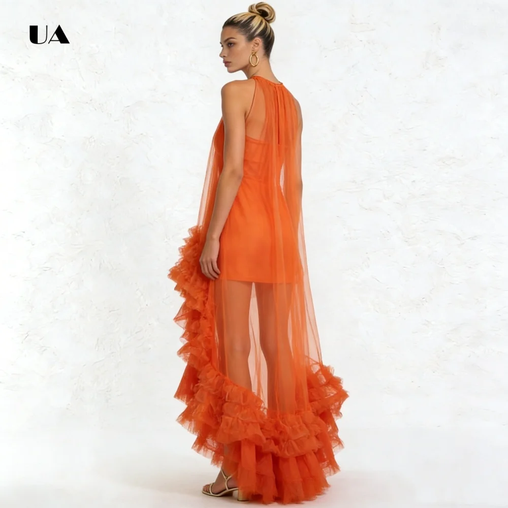 

ULBYANRY Sleeveless High-low Ball Gown with Ruffled Tulle Hem, Solid O-neck Evening Dresses for Women, Customized Party Gown