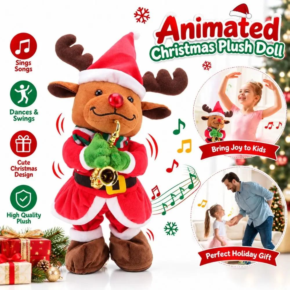 Swinging Motion Animated Christmas Plush Doll Cotton Filling Festive Christmas Musical Plush Toy Battery Powered