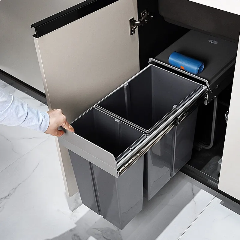 Built-in Dual Compartment Trash Bin Pull-Out Cabinet Garbage Can with Lid