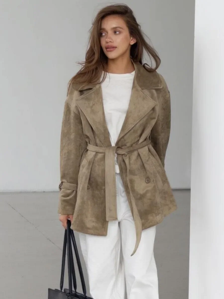 

Blubelle Autumn Winter Women's Fashion Retro Jacket Suede Belted Waist Short Trench Coat New Lapel Jacket