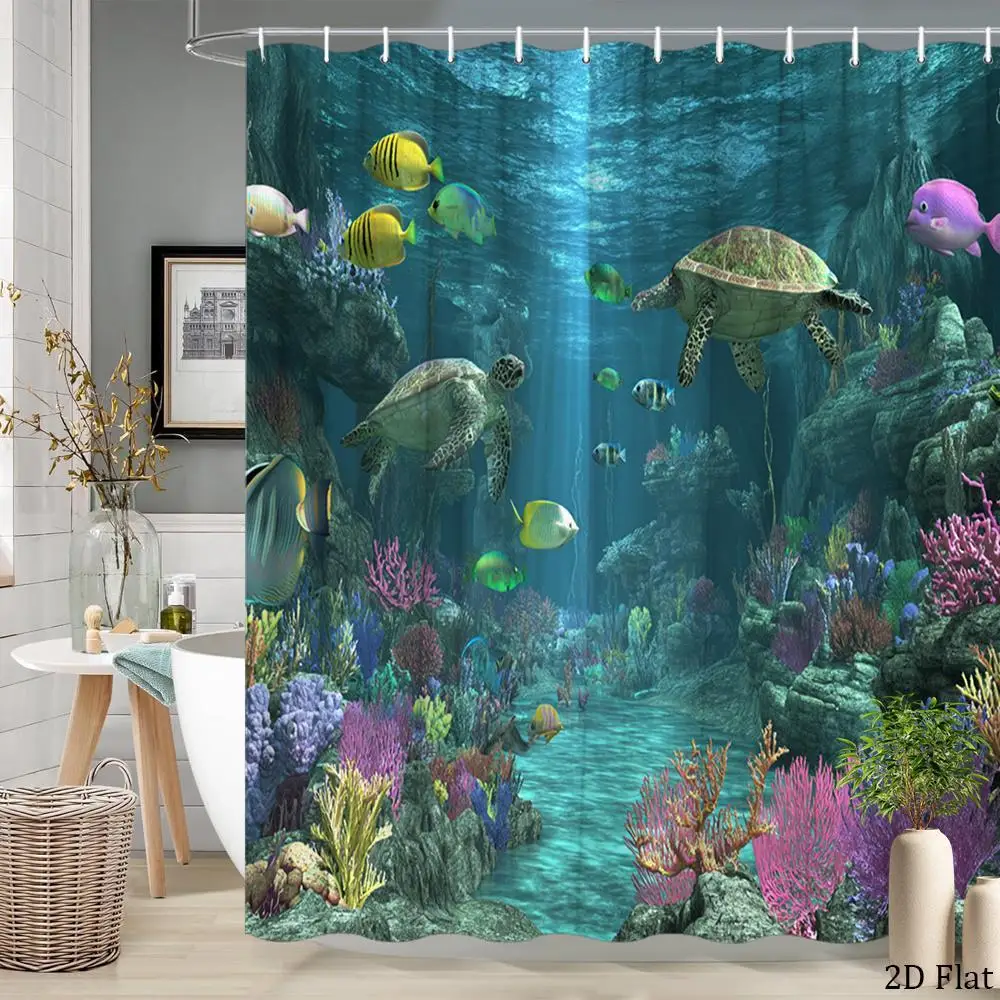 Waterproof Tropical Ocean Shower Curtain Coral Reef Sea Turtles Aquatic Sea Life Bathroom Decor Accent Curtain