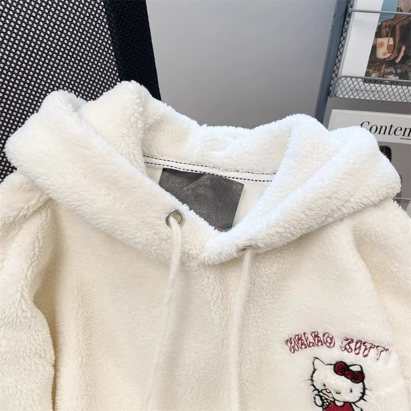 Sudadera de terciopelo de cordero de dibujos animados, chaqueta bordada de Hello Kitty, cárdigan con capucha grueso de felpa japonesa bonita para otoño e invierno