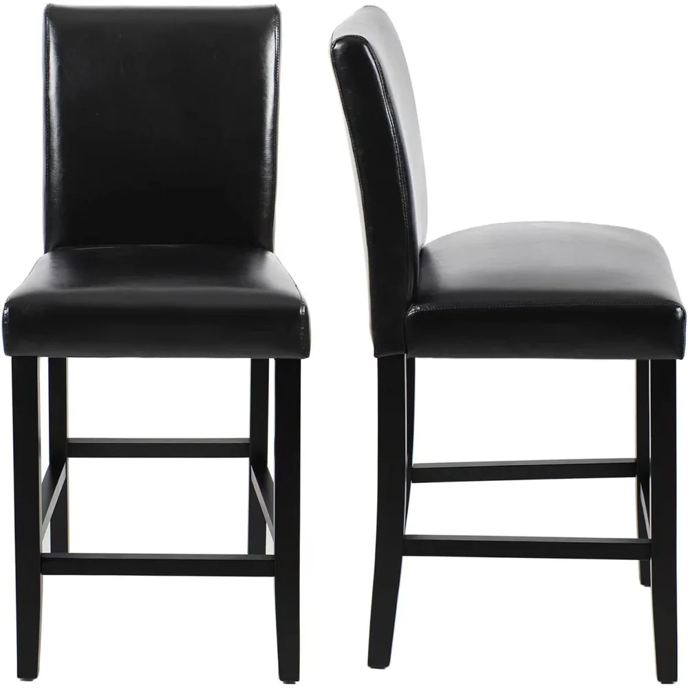 Set of 2 Classic 24 Inches Counter Height Stools Upholstered Bar Stools with Solid Wood Legs and Black Leather