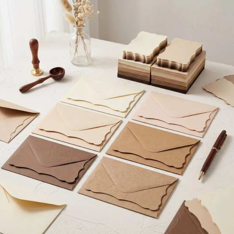 Simple Brown Wavy Edge European Envelopes Blank Handwrite Greeting Card Wedding Business Invitation Mailing Paper Set