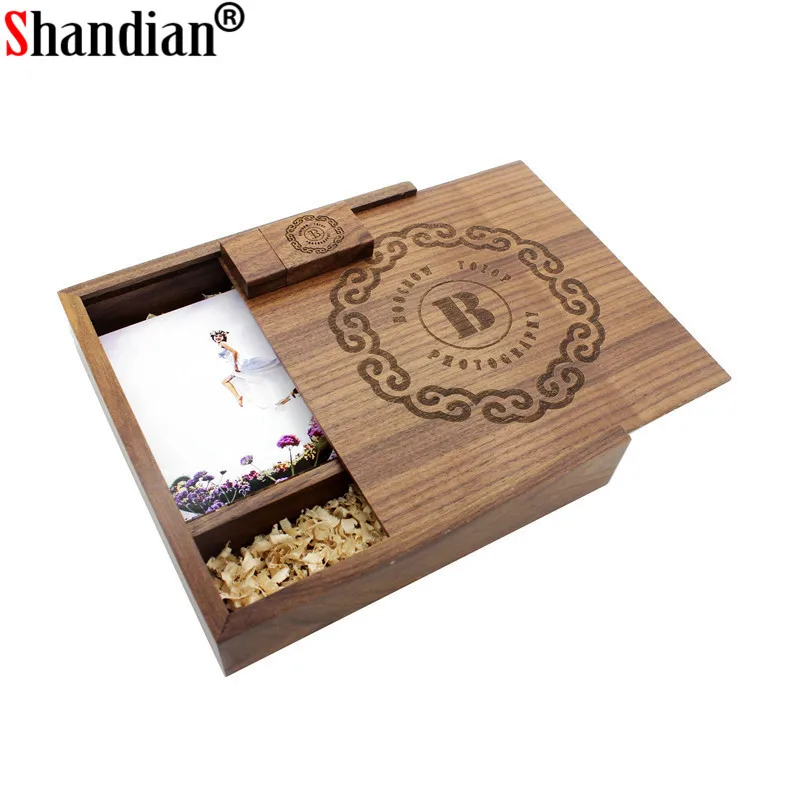 SHANDIAN(Free logo ) Wooden Photo Album Box USB 2.0 Pendrive 4GB 16GB 62GB 64GB DIY Engraved Logo Wedding Memory 170*170*35mm