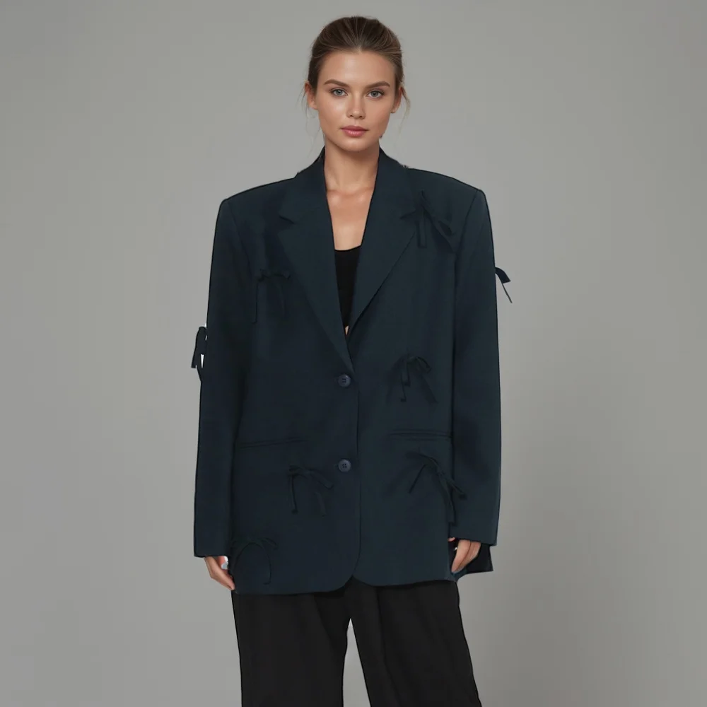

Solid Patchwork Bowknot Blazer For Women Notched Collar Long Sleeve Spliced Pocket Designer Blazers Female Style