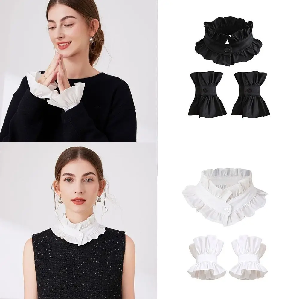 1 set French Style Fake Faux Collar Pleated Design Detachable Stand Collar Ruffled Edge Adjustable Feature Ruffled Sleeve