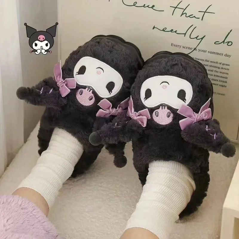 Sanurgente-Pantoufles en peluche rembourrées douces pour filles, Kuromi, Kawaii, mignonnes, chaussures décontractées pour chambre à coucher, étudiant, Noël, automne, hiver, nouveau