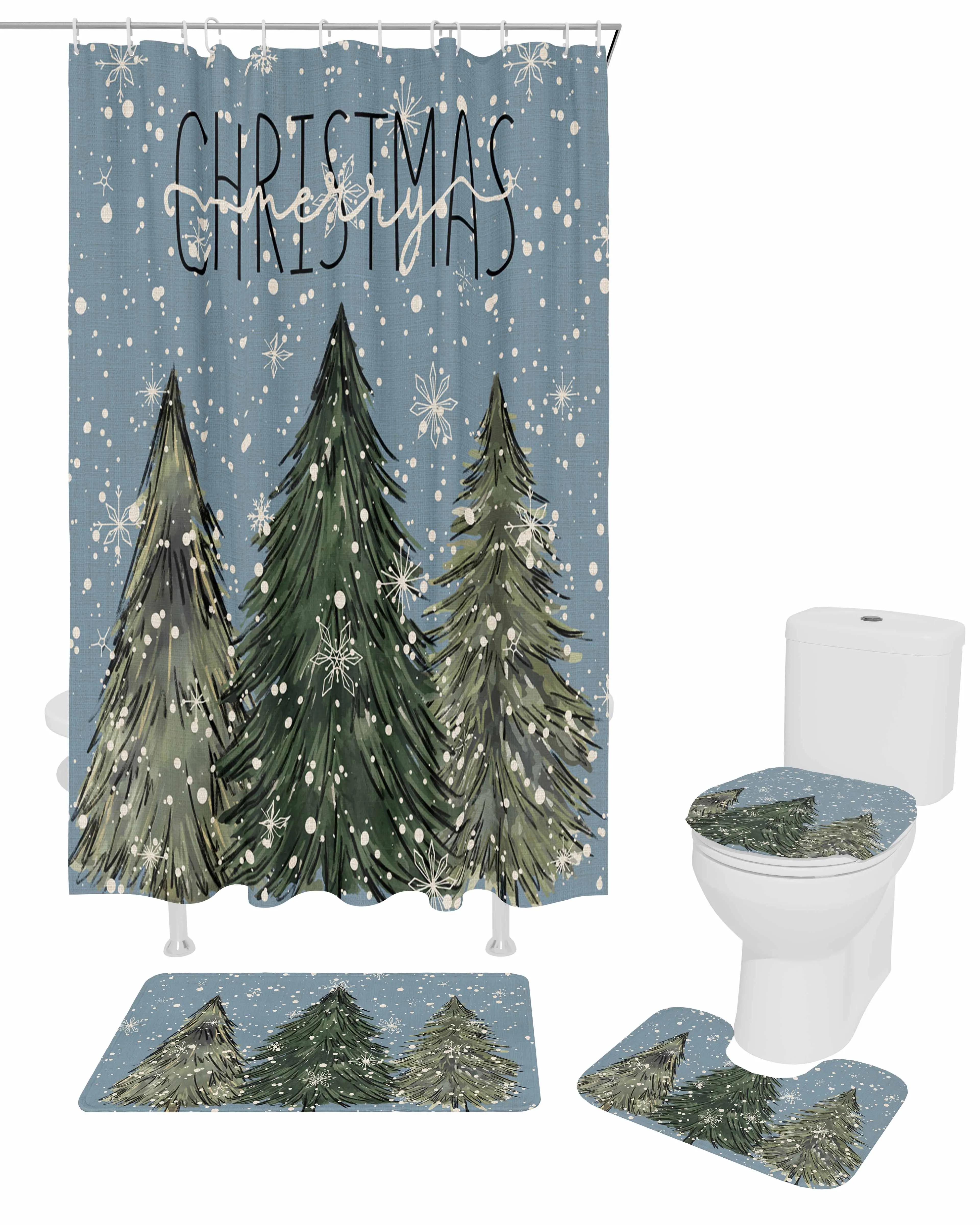 Watercolor, Christmas Polyester printed shower curtain bathroom set,luxurious curtainsabstract 4-piece setcoral fleece floor mat