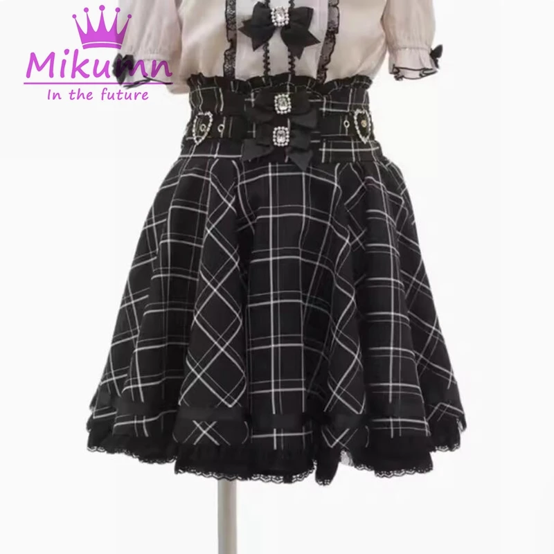 Mikumn Harajuku Lolita Stil Süße Schleife Perlenschnalle Hohe Taille Faltenrock Y2k Gothic Mädchen Japanischer Kawaii A-Linie Minirock