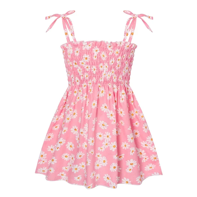 ‌ 2025 Vestido de playa de princesa para niñas de verano sin tirantes con estampado Floral sin mangas ropa de fiesta para niños pequeños Color sólido moda Casual 1-6 años