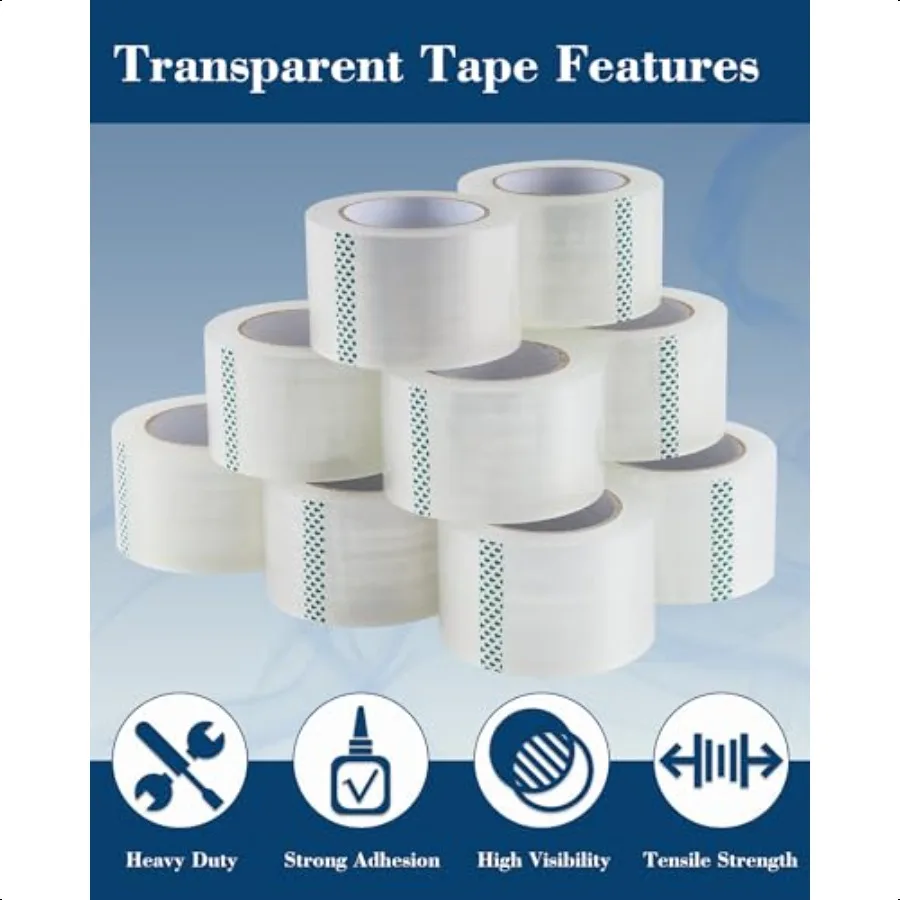 شريط تعبئة عالي التحمل 12 لفة شريط تغليف عريض 3 بوصة. × 90 ياردة. إعادة تعبئة شريط تغليف الكرتون السميك والواضح من الدرجة التجارية