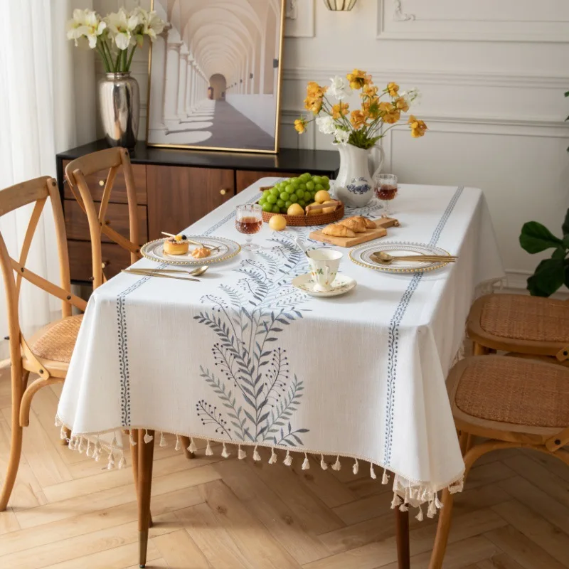 مفرش طاولة مطرز بنمط الأزهار من القطن والكتان غطاء طاولة مستطيل مقاوم للغبار لتناول الطعام وطاولة الشاي وديكور الطاولة