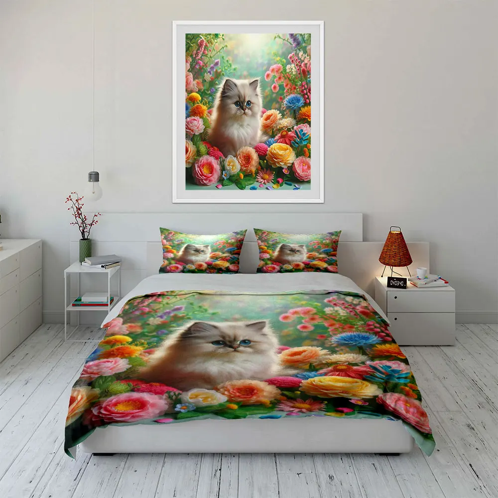 Adorable kitten in vibrant flowers Duvet Cover Set with 3D Printing Design Soft Polyester Bedding Set All-Season Comfort