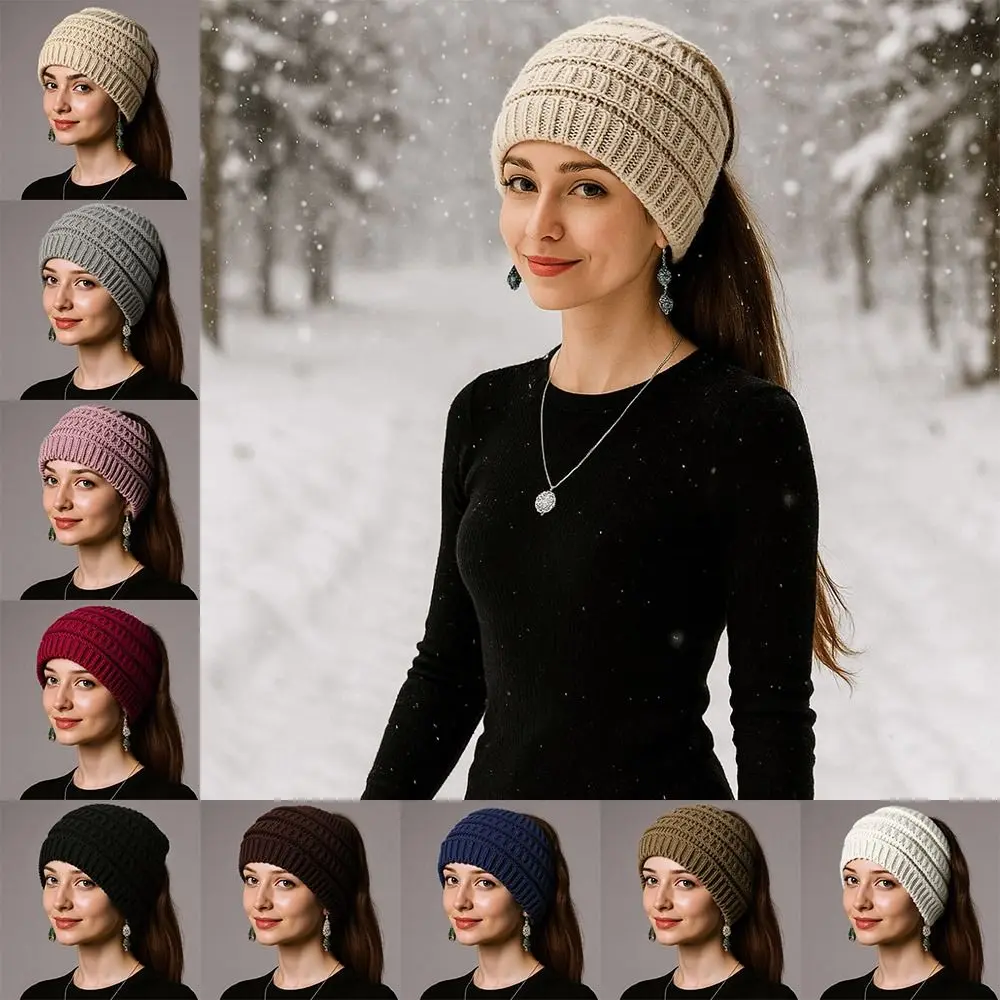 Ciepła, jednolita czapka beanie z otworem na kucyk, gruba, z ochroną uszu, dziergana czapka, nakrycie głowy, czapka damska, zimowa