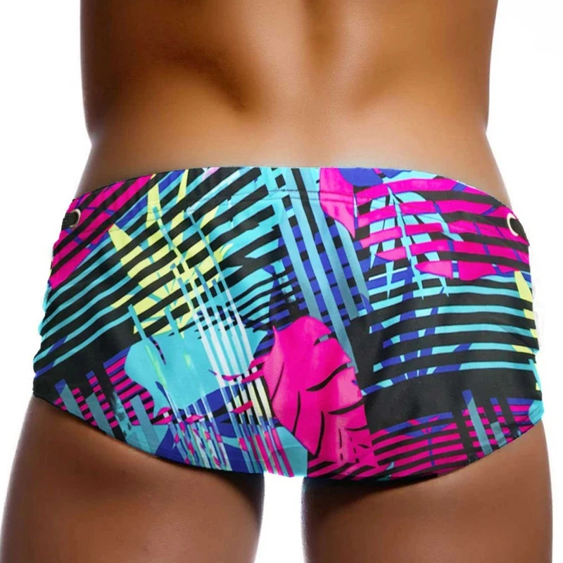 Sexy Mens Swimwear Leaf Print Swim Boxer Briefs Bikini Brazilian Cut Surf Trunks Swimsuits Underwear Beach Sports Shorts