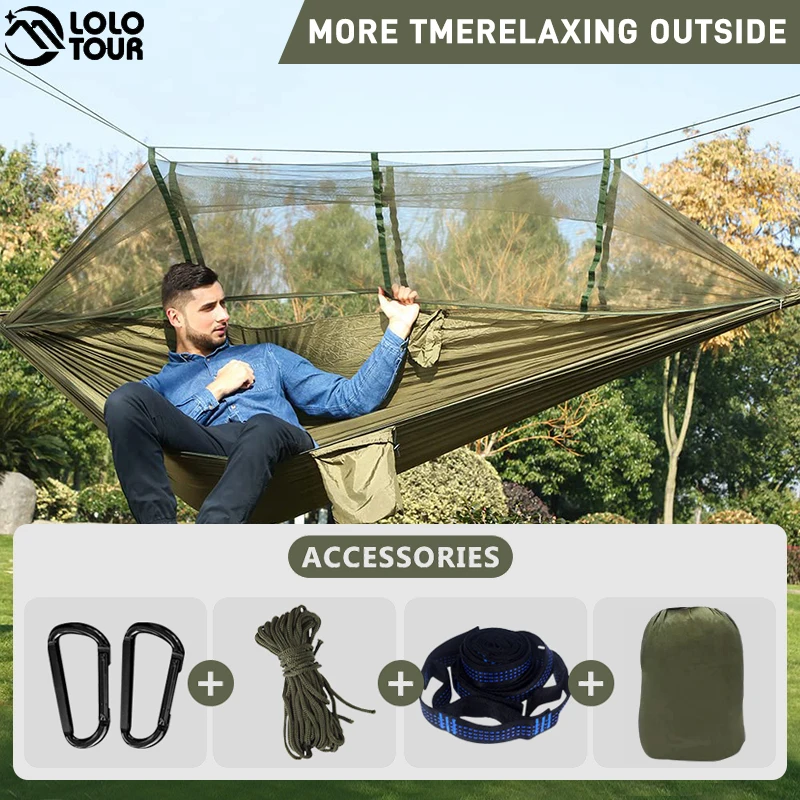 

1-2 People Camping Trip Hammock with Mosquito Bug Net Portable Hammock 2 Tree Straps Swing Travel Gear for Camping Backpacking