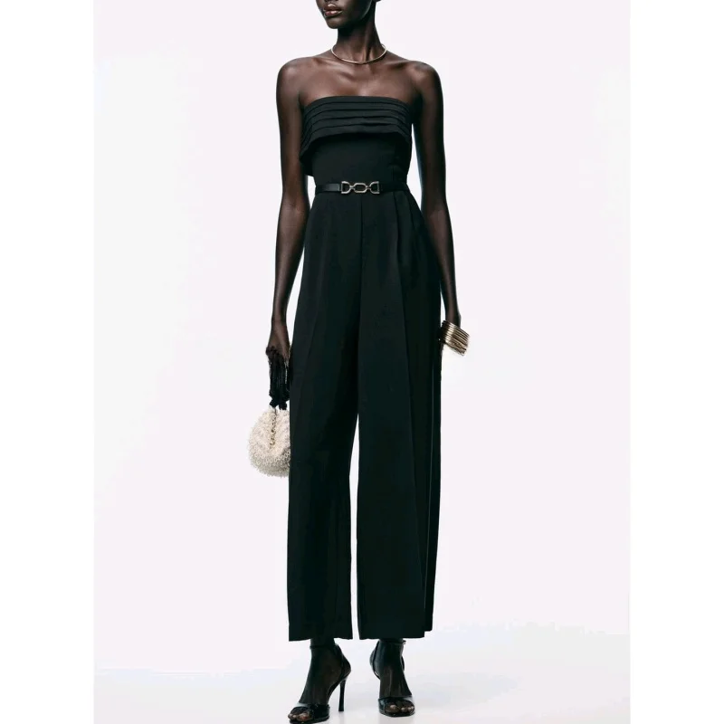 New Autumn Women's Wrap Design Straight Leg Belted Tube Top Pleated One-Piece Suit High Waist Long Pants Polyester Fiber