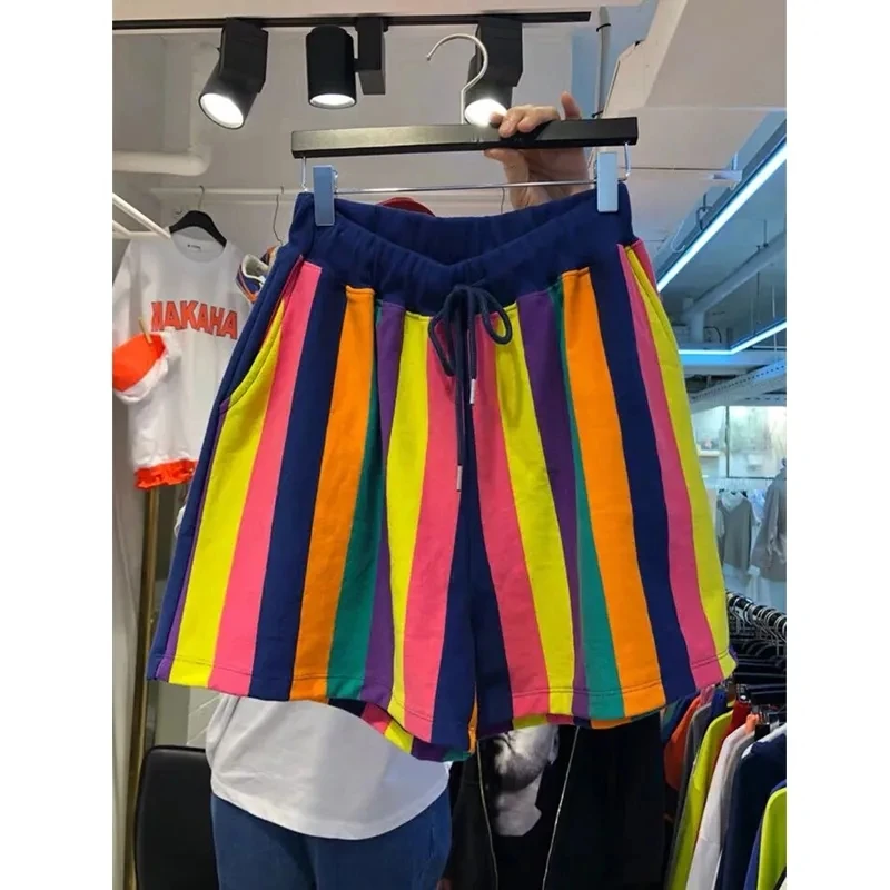 2025 New Bottoms Rainbow Stripes Summer Shorts Women Clothing Drawstring Fashion Wide Leg Pants Pantalones Cortos De Mujer