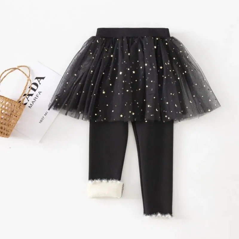 Girls Mesh Sequin Skirt Leggings Toddler Tutu Pants Footless Thick Velvet Tights 2-8 Years Kids Fashionable Leggings with Skirt