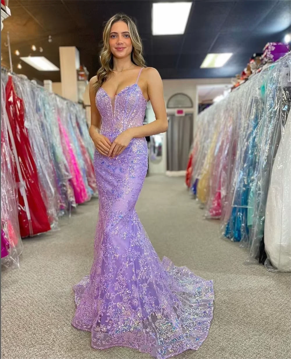 

Customized Purple Glitter Prom Dress Sexy Spaghetti Strap V-neck Mermaid Wedding Party Dress Luxurious Women's Evening Dresses