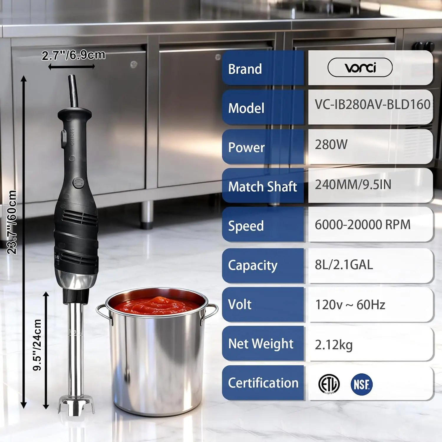 Professional 280-Watt Commercial Immersion Blender, Variable Speed 6000-20000RPM Handheld Stick Mixer, Light Duty with 9.5
