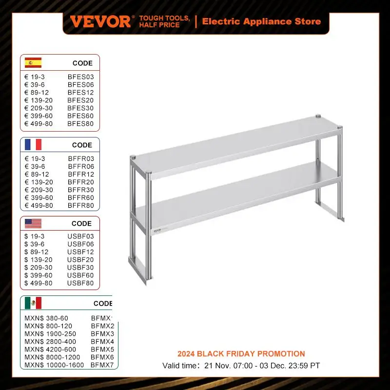 VEVOR Stainless Steel kitchen worktable Overshelf w/ Height Adjustable Overshelf Prep Work Table for Kitchen Restaurant Workshop