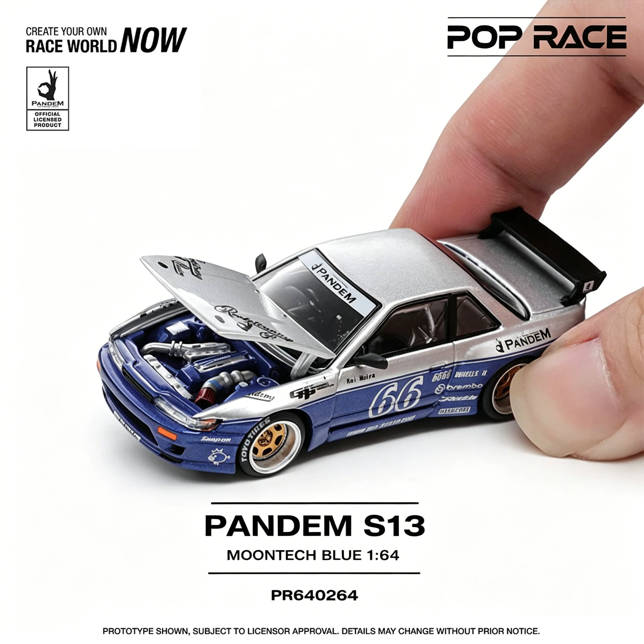 

Pop Race 1:64 Nissan Silvia S13 Pandem Rocket Bunny "Moontech Blue" Diecast Car Model (Openable Hood) In Stock Ready To Ship