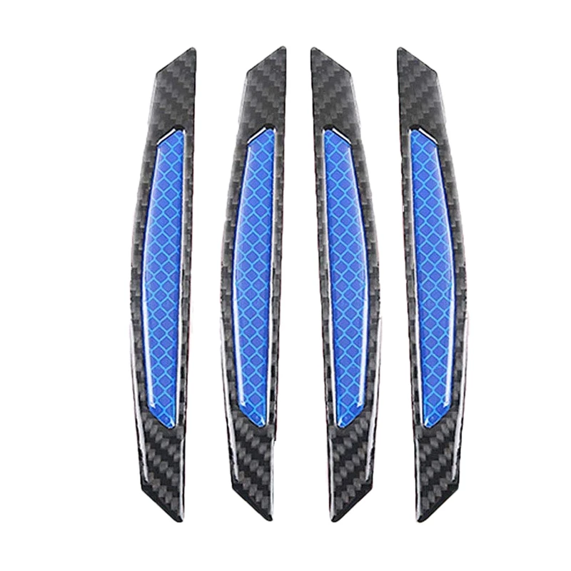 4Pcs Super Blue Reflective Stickers Black Carbon Fiber Strips Car Side Door Edge Bumper Anti-Scratch Protection Guards Trim Stic