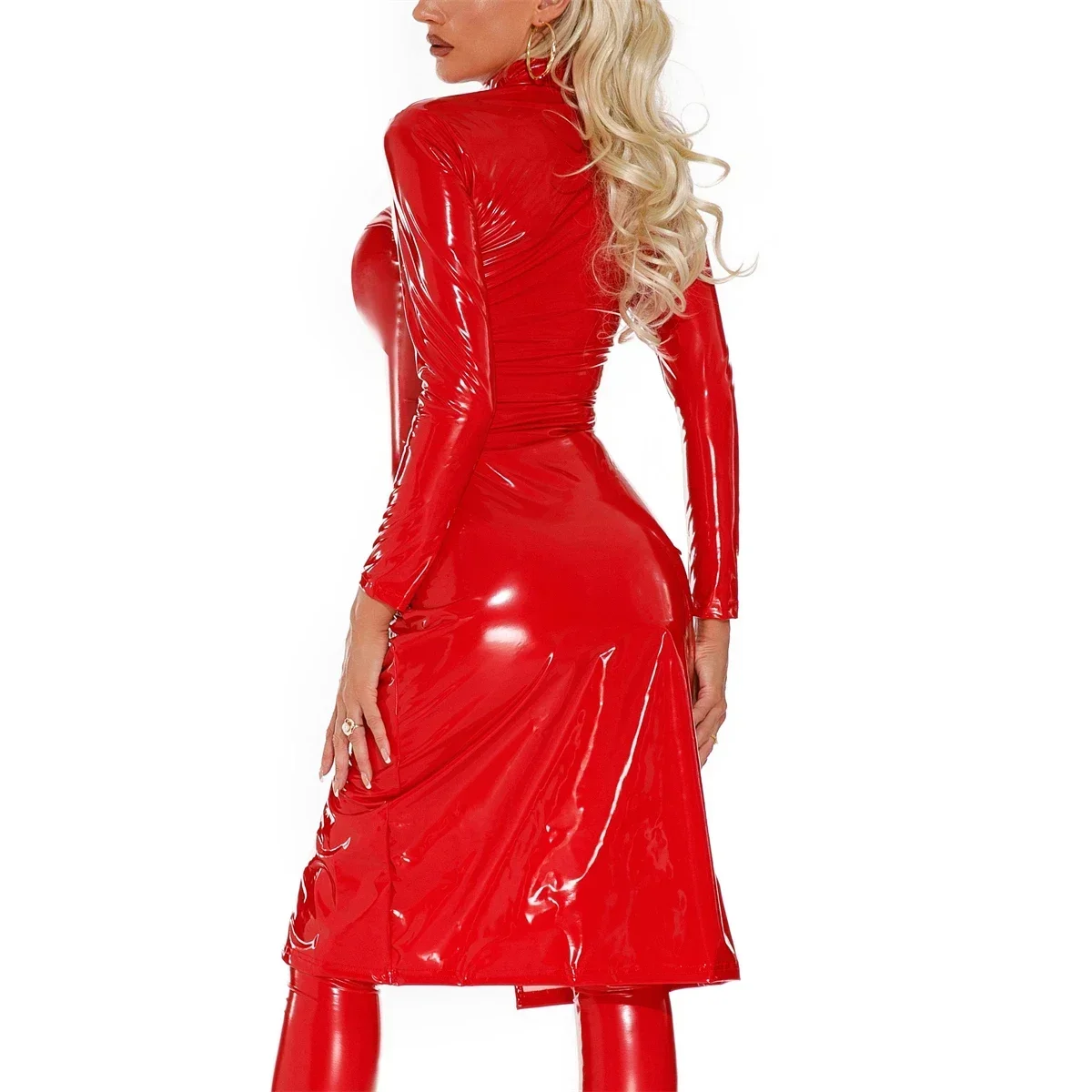 Vestido Sexy brillante con aspecto húmedo para mujer, vestidos picantes de cuero de PVC con cremallera, vestidos ceñidos de manga larga, disfraces de juego de rol para club nocturno y Carnaval