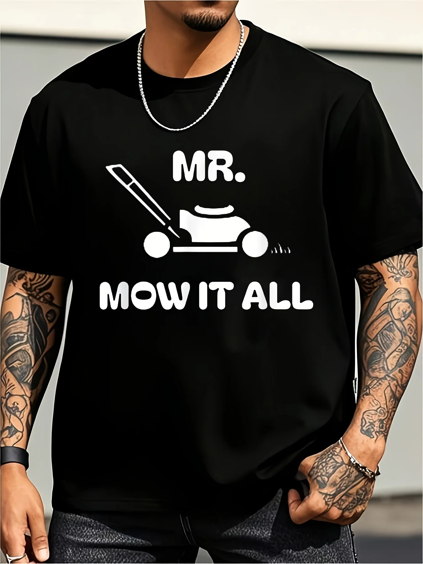 Lawn Mower Themed Clothing, Universal Lawn Mower Man, Gardening and Landscaping Dad Style T-Shirt, Plus Size Retro Casual Round Neck Printed T-Shirt, Unisex, Plus Size