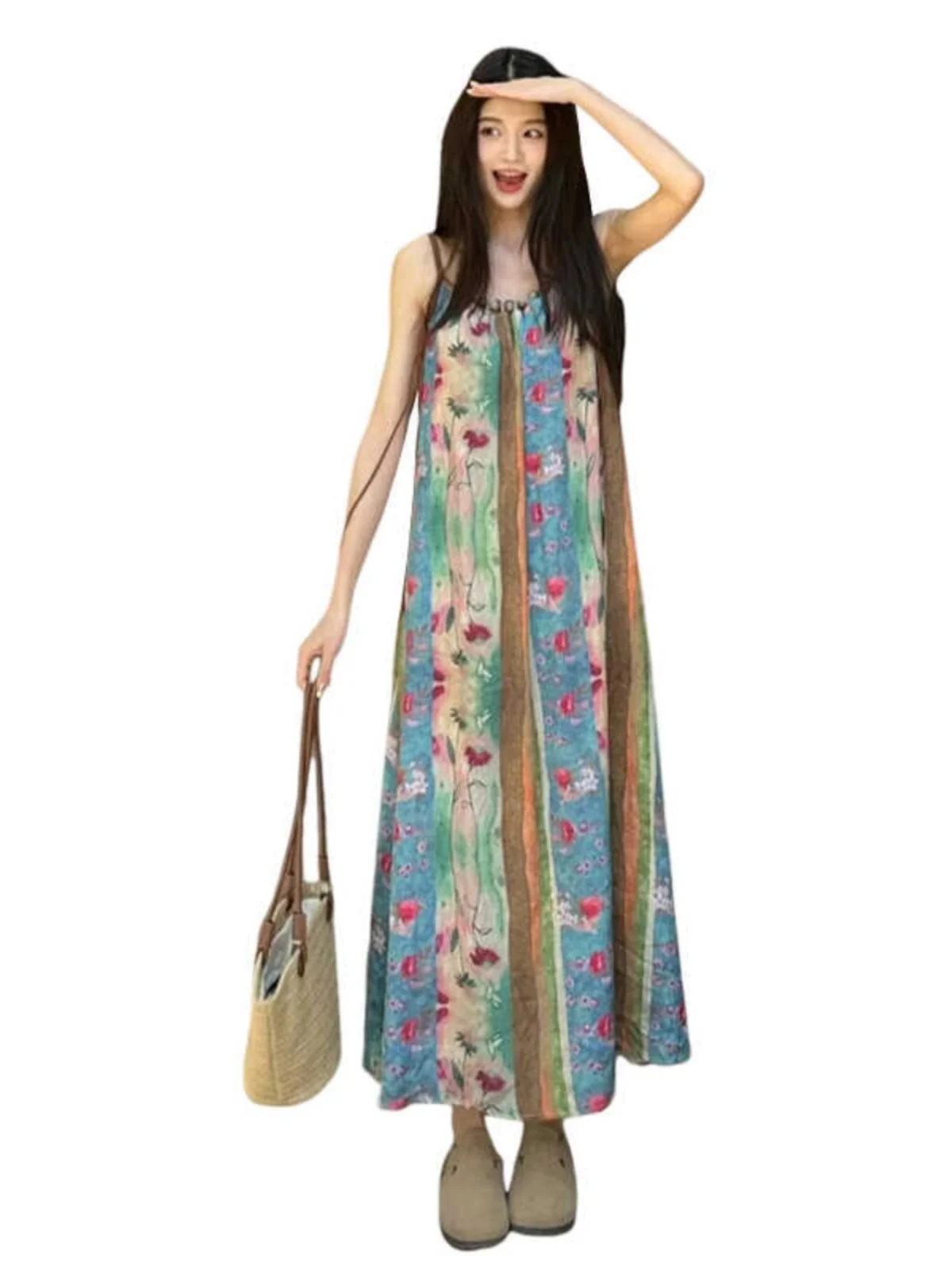 Summer Floral Tie Dye Halter Dress Women\'s Large Size Retro Yunnan Travel Long Skirt New 2024 Vacation Style Loose Waist