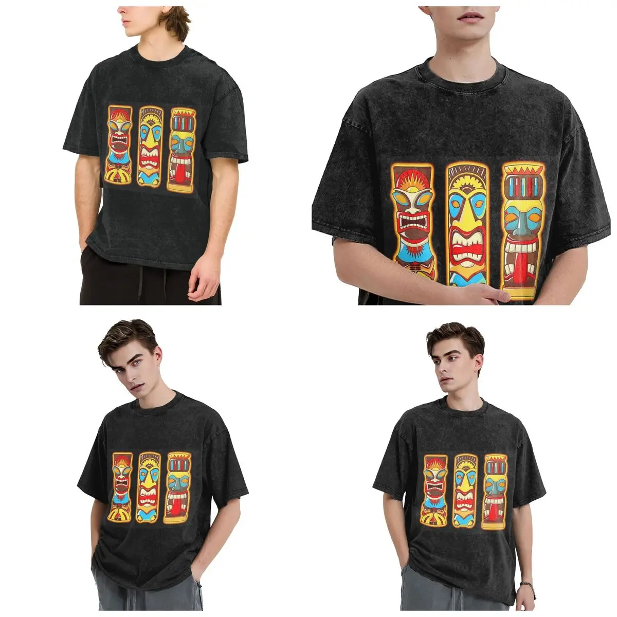 Streetwear T-Shirts Tiki Gods Totems Idols Retro Tropical Polynesian Washed T Shirt Short Sleeve Hip Hop T-Shirt Tops Tees