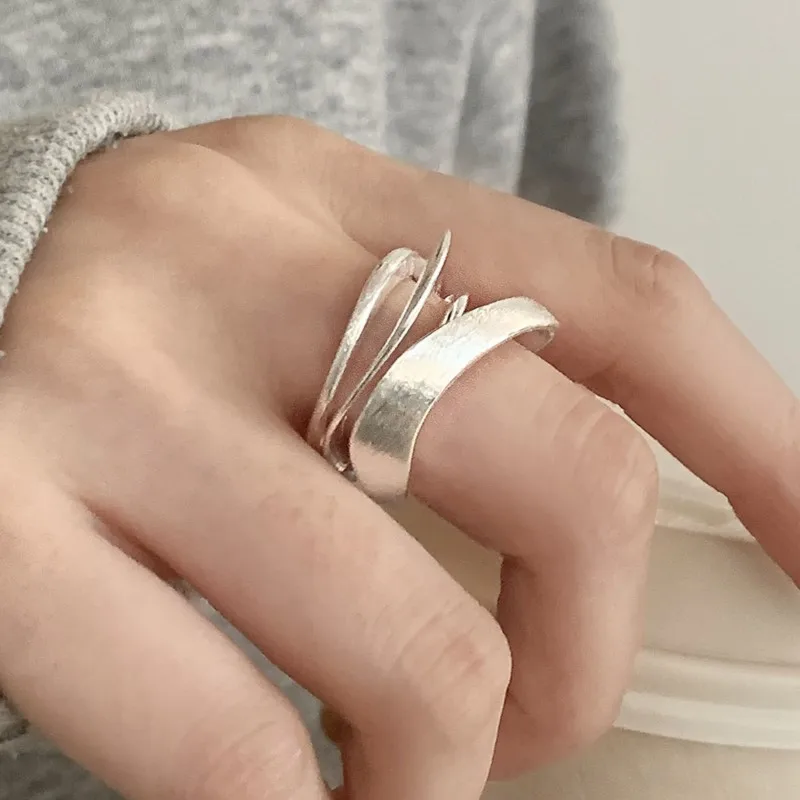 PANJBJ 925 Sterling Silver Multi Layer Matte Ring for Women Wide Punk 3 Lines Rock Office Irregular Jewelry Party Gift Dropship