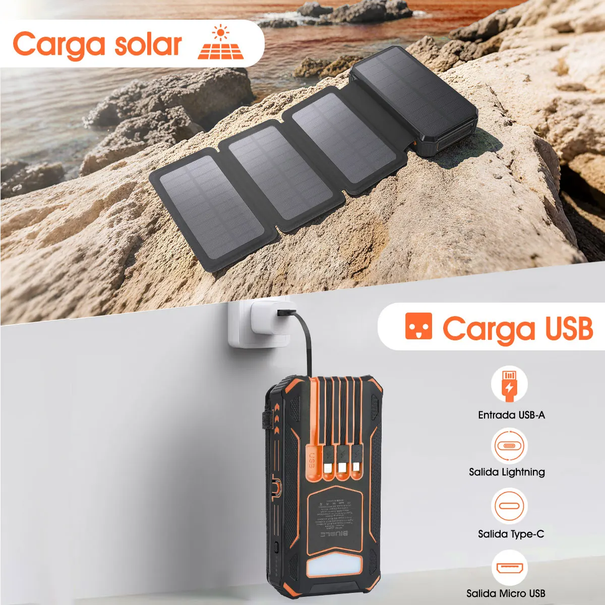 Solar Mobile Power Bank Tragbares Schnellladen 20000 mAh mit Kabel Geeignet für iPhone Xiaomi Huawei