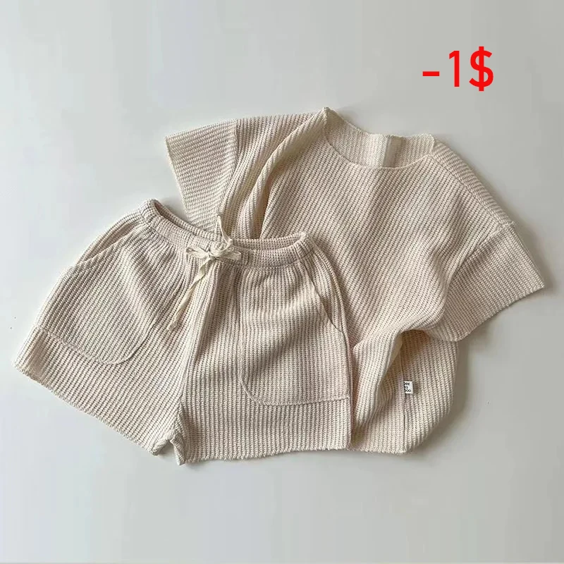 MiniAinis Summer New Girls Loose Knitted Sports Suit Boys Short Sleeved T Shirt + Shorts 2 Pieces Suit Kids Clothing Set Clothes