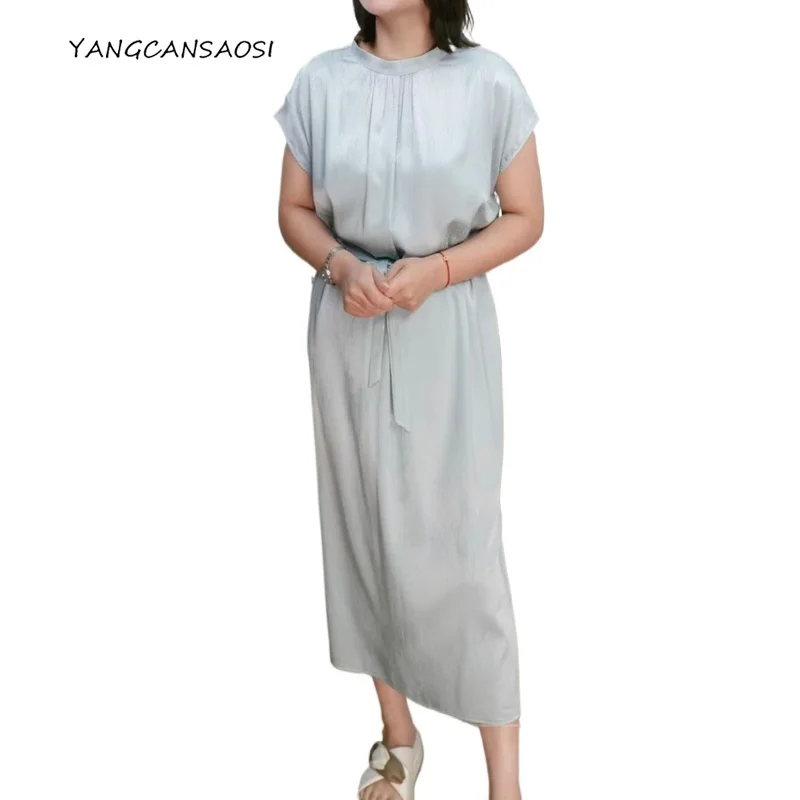 

Women's Fashion New Style 93% Natural Mulberry Silk Elastic SangBo Satin French Retro Light Blue Short Sleeve Fashion Dress