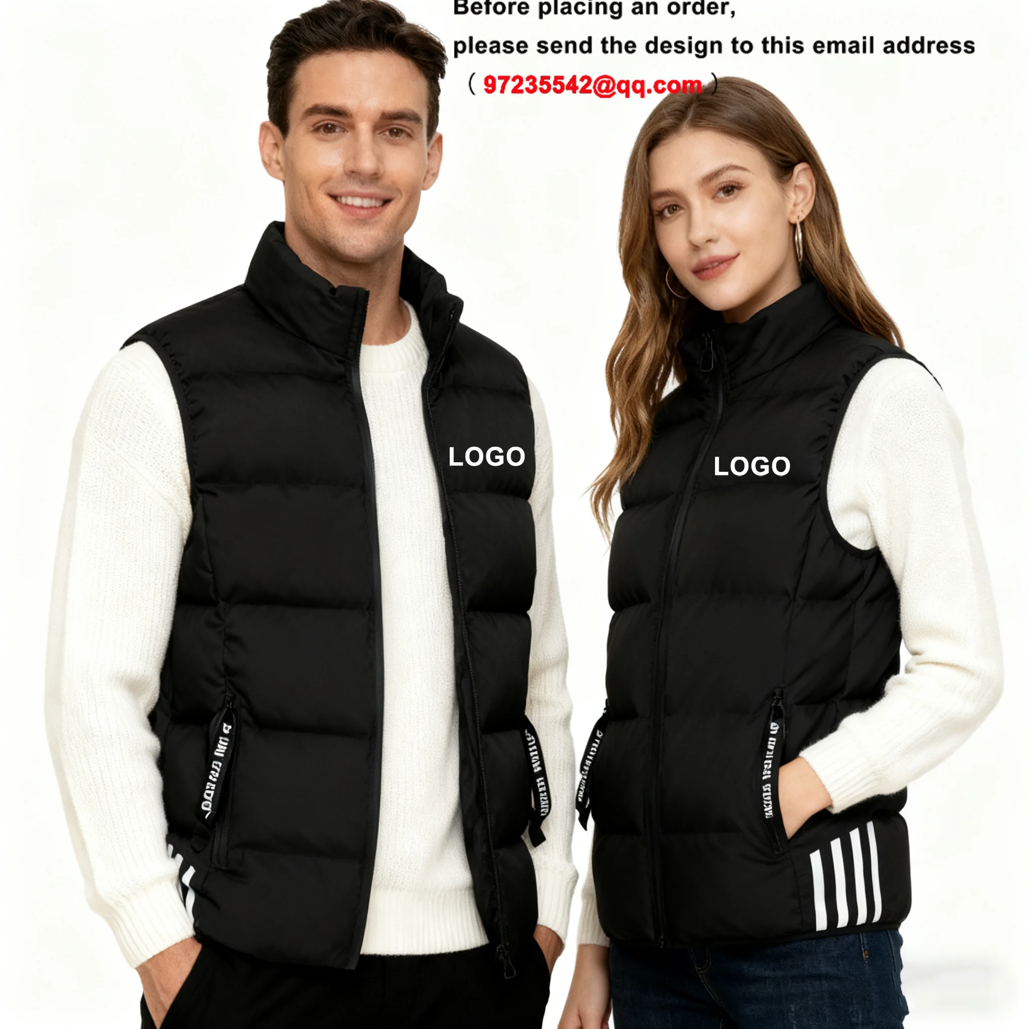

Couple's Custom Logo Stand-Collar Cotton Vest: Warm Sleeveless Gilet, White Sweater Inner, Unisex Winter Waistcoat - Logo