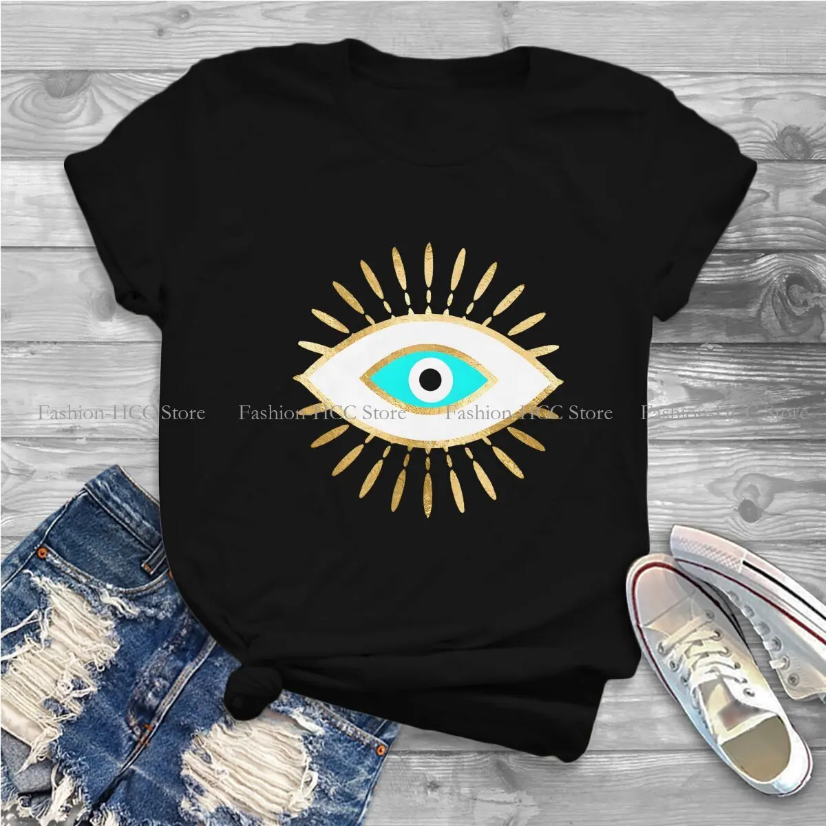 Hamsa Evil Eye Gold Foil Print Unique Polyester TShirt Evil Eyes Top Quality Creative Graphic  T Shirt Stuff