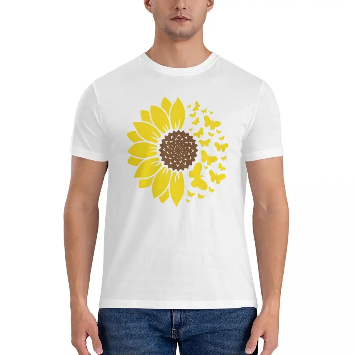 Cute Sunflower With Butterflies Bucket Hat T-Shirt for Men Cotton Plus Size T Shirts Men's Tees Short Crew Neck Tops S-6XL