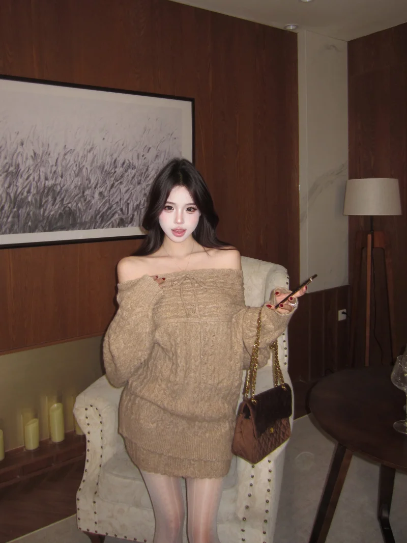 

Pure Desire Style Women's High Waist Knitted Sweater And Skirt Set Spring Fashion Half Shoulder Top And Bodycon Dress