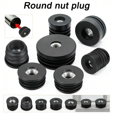 4-16pcs M6 M8 Round Plastic Pipe Plugs, Black Hole Nut Caps Adjustable Screw Foot Pads for Furniture Legs & Tube End Covers