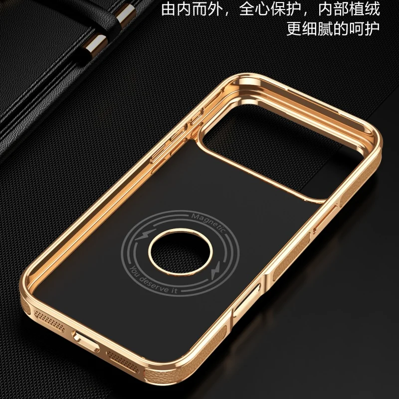For iphone 17 16 15 14 Pro Max Air Case Genuine Leather Covered Metal Frame Full Camera Lens Protector Anti-Slip Grip Cover