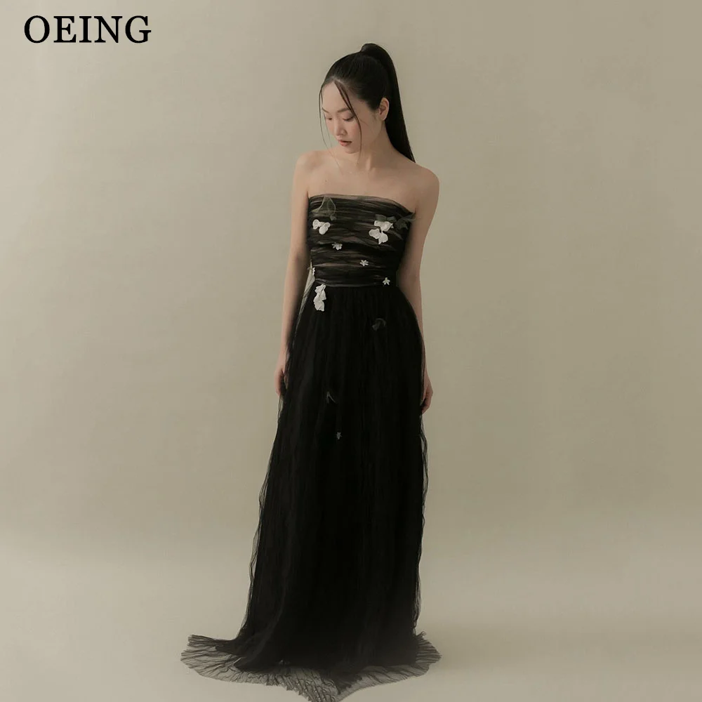 

OEING Simple Black A Line Evening Dresses Korea Photoshoot Strapless Appliques Prom Gowns Formal Wedding Party Dress Elegant