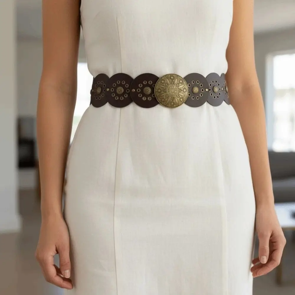 Alloy Ethnic Style Rivet Belt Jeans Decor Y2K Concho Wide Belt Strap Buckle Exaggerated Disc PU Hollow Waistband Grassland